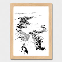 Load image into Gallery viewer, A black and white illustrated print of Whitianga laid out on white paper within a light wooden frame, against a white wall.