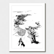 Load image into Gallery viewer, A black and white illustrated print of Whitianga laid out on white paper within a white frame, against a white wall.