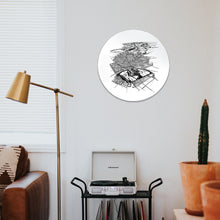 Load image into Gallery viewer, A round glass art piece with a black and white illustrated print of Christchurch, mounted on a wall.