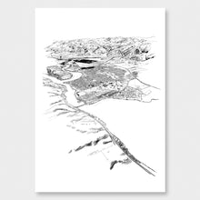 Load image into Gallery viewer, A black and white illustrated print of Cromwell laid out on white paper, against a white wall.
