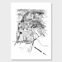 Load image into Gallery viewer, A black and white illustrated print of Hanmer Springs laid out on white paper, against a white wall.