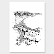 Load image into Gallery viewer, A black and white illustrated print of Kaikōura laid out on white paper, against a white wall.