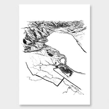 Load image into Gallery viewer, A black and white illustrated print of Lake Ōhau laid out on white paper, against a white wall.