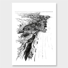 Load image into Gallery viewer, A black and white illustrated map of Piha laid out on white paper, against a white wall.