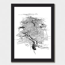 Load image into Gallery viewer, A black and white illustrated print of Hamilton laid out on white paper within a black frame, against a white wall.