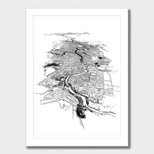 Load image into Gallery viewer, A black and white illustrated print of Hamilton laid out on white paper within a white frame, against a white wall.