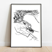 Load image into Gallery viewer, A black and white illustrated print of Lake Ōhau laid out on white paper, framed in a black frame, leaning on a white wall and wooden flooring.